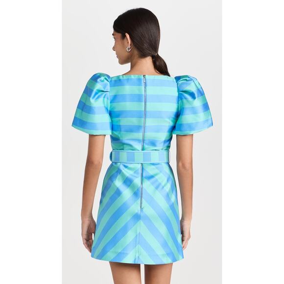 Rebecca Vallance Seychelles Blue Stripe Puff Sleeve Belted Mini Dress Size 8 - Picture 2 of 16